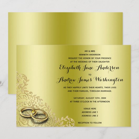 おしゃれなゴールドの装飾と結婚指輪のウェディング 招待状 (正面/裏面)
