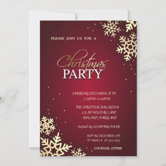 おしゃれなゴールドの雪の結晶のクリスマスパーティー 招待状 (正面)