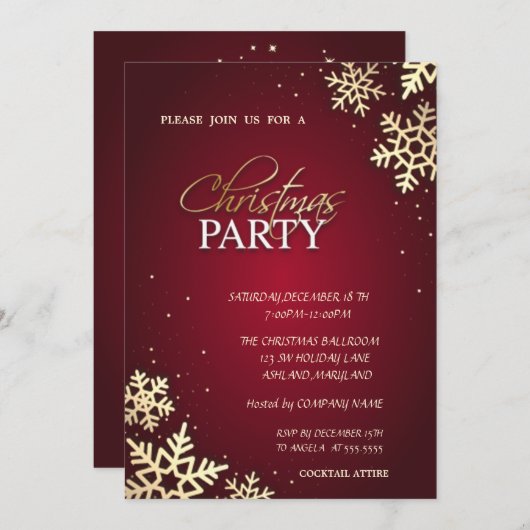 おしゃれなゴールドの雪の結晶のクリスマスパーティー 招待状 (正面/裏面)