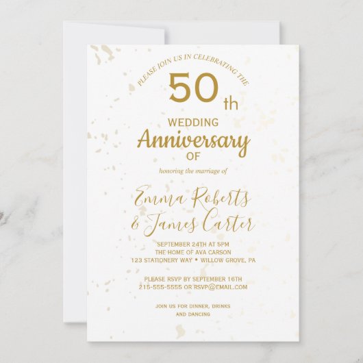 おしゃれなゴールドの50周年結婚記念日 招待状 (正面)