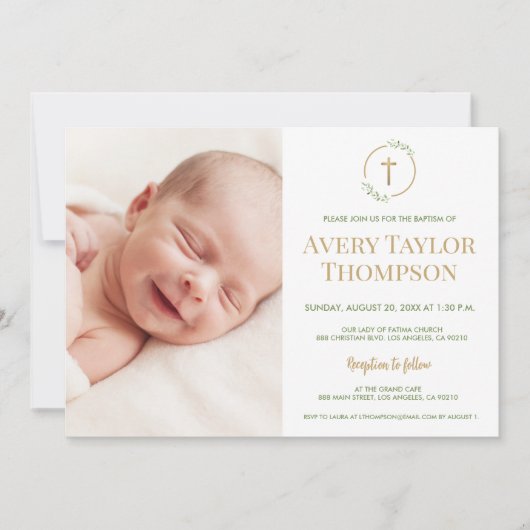 おしゃれなゴールドクロス水彩カスタム写真洗礼式 招待状 (正面)