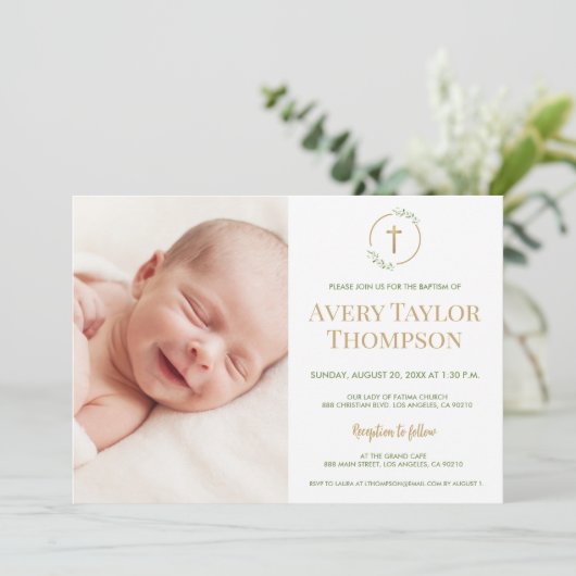 おしゃれなゴールドクロス水彩カスタム写真洗礼式 招待状 (スタンド正面)