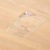 おしゃれなゴールドクロス 洗礼 ゴールドグリッター ボーホーフラワー アクリル招待状 (レイダウン)