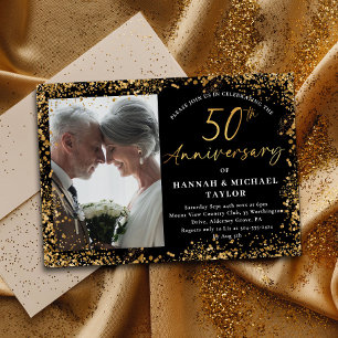 おしゃれなゴールドグリッターのスクリプト 50周年結婚記念日 招待状