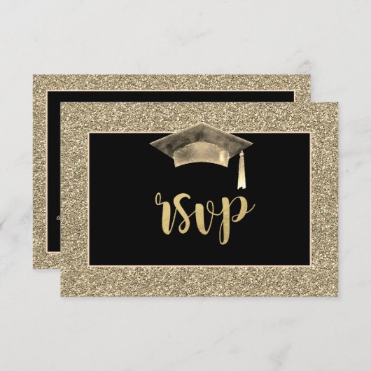 おしゃれなゴールドグリッターの卒業帽 卒業パーティーへの返信 出欠カード (正面/裏面)
