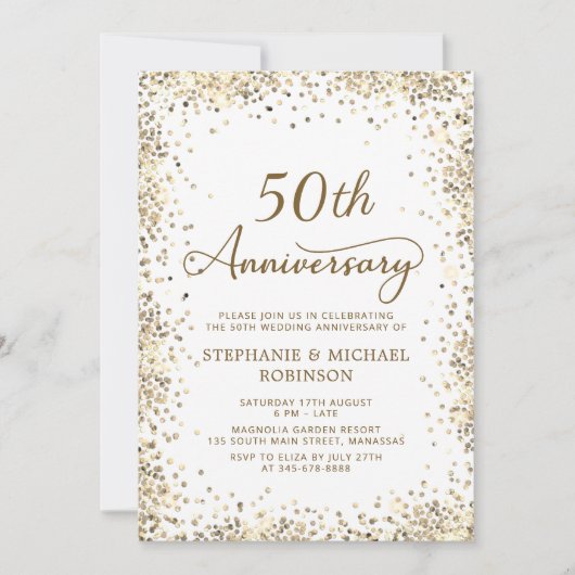 おしゃれなゴールドグリッター写真 50周年結婚記念日 招待状 (正面)