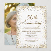 おしゃれなゴールドグリッター写真 50周年結婚記念日 招待状 (正面/裏面)