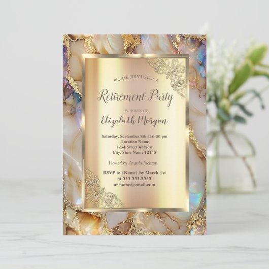 おしゃれなゴールドグリッター パール大理石の引退 招待状 (スタンド正面)