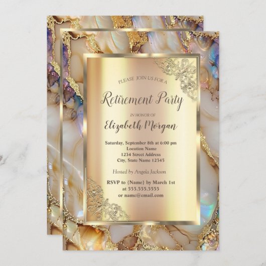 おしゃれなゴールドグリッター パール大理石の引退 招待状 (正面/裏面)
