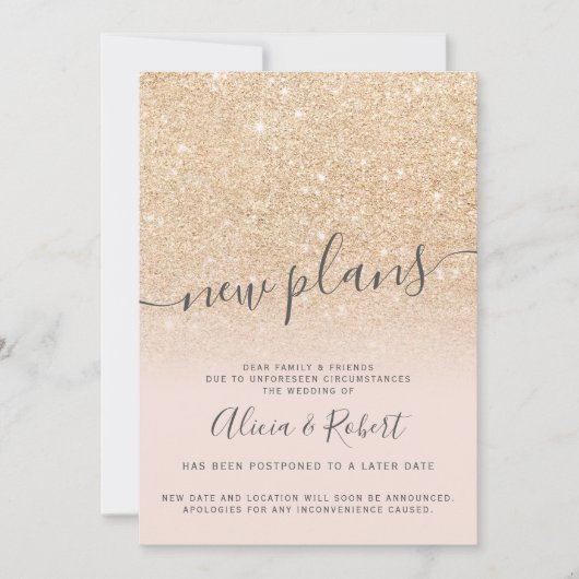 おしゃれなゴールドグリッター ピンク 延期 新しい計画 招待状 (正面)
