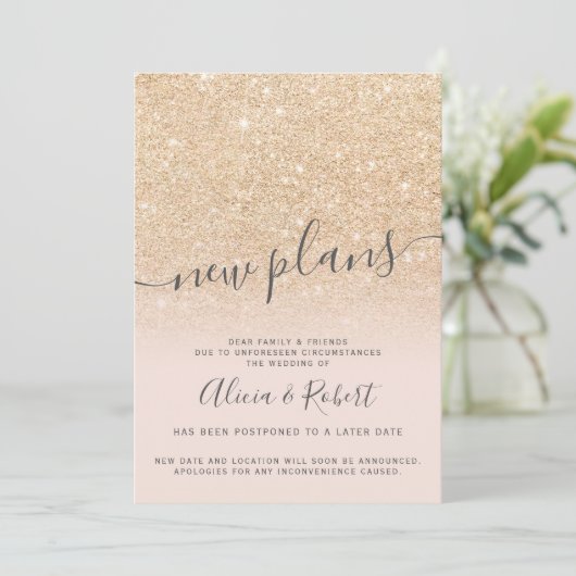 おしゃれなゴールドグリッター ピンク 延期 新しい計画 招待状 (スタンド正面)