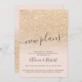 おしゃれなゴールドグリッター ピンク 延期 新しい計画 招待状 (正面/裏面)