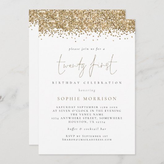 おしゃれなゴールドグリッター 21歳の誕生日パーティー 招待状 (正面/裏面)