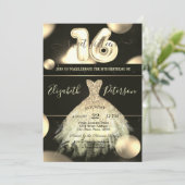 おしゃれなゴールドドレス　コンフェッティドット　スイート16 招待状 (スタンド正面)
