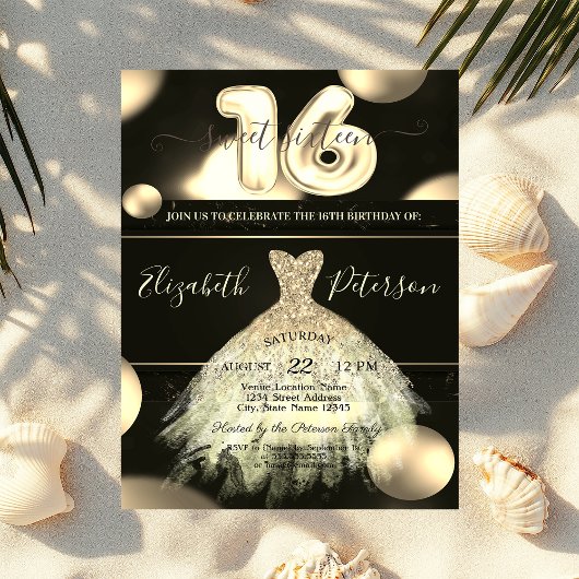 おしゃれなゴールドドレス　コンフェッティドット　スイート16 招待状