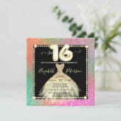 おしゃれなゴールドドレス 輝くカラフル スイート16 招待状 (スタンド正面)