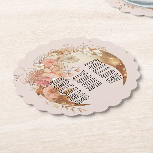 おしゃれなゴールドフレームとソフトピンクの花のブライダルシャワー ペーパーコースター (アングル)