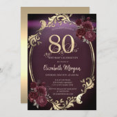 おしゃれなゴールドフレーム ワインレッドのバラ 80歳の誕生日 招待状 (正面/裏面)
