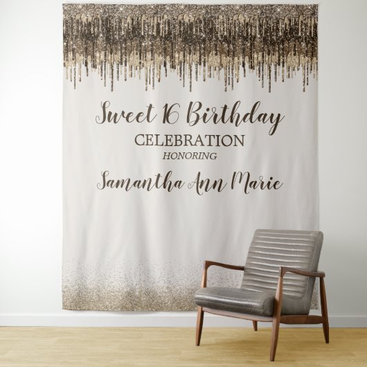 おしゃれなゴールドブラウンの豪華なドリップス スイート16の誕生日 タペストリー (インサイチュ)