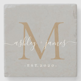 おしゃれなゴールドモノグラムスクリプト名 ウェディングデートストーン ストーンコースター