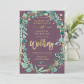 おしゃれなゴールドユーカリパープル写真スクリプト結婚式 招待状 (スタンド正面)