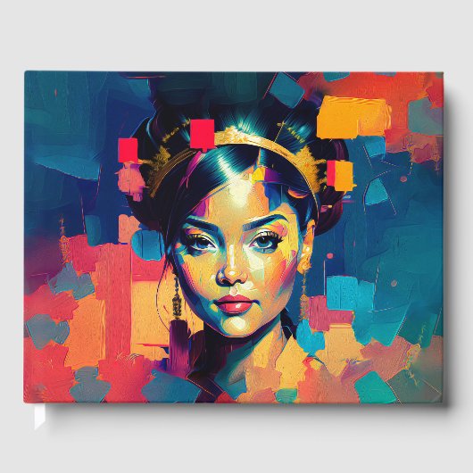 おしゃれなゴールド箔カラフルな女性のインパスト油彩画 ゲストブック (正面)