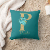 おしゃれなゴールド＆アクア フローラル レターP クッション (ブランケット)