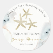 おしゃれなゴールド  ダスキーブルー ビーチのスターフィッシュ ベビーシャワー ラウンドシール (正面)