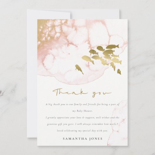 おしゃれなゴールド ブッシュ ピンク 水中の魚 ベビーシャワー サンキューカード (正面)