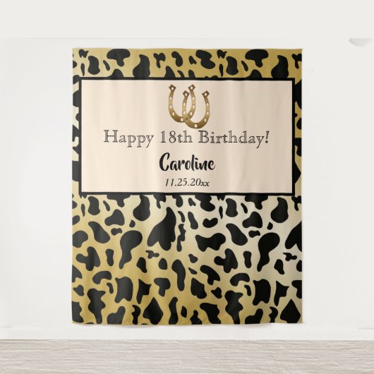 おしゃれなゴールド、牛の斑点＆ゴールドの馬蹄形の誕生日 タペストリー (正面)