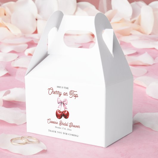 おしゃれなサプライズ!ピンクのリボン付きチェリーオントップ ブライダルシャワーの感謝メッセージ フェイバーボックス (ウェディング)