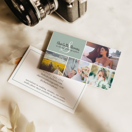 おしゃれなサージグリーンの結婚式の写真家コラージュ 名刺
