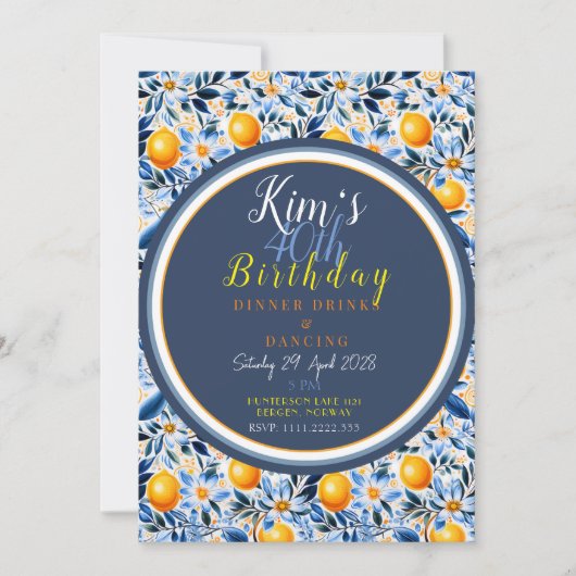 おしゃれなシトラスをテーマにした青い招待状付きタイル 招待状 (正面)