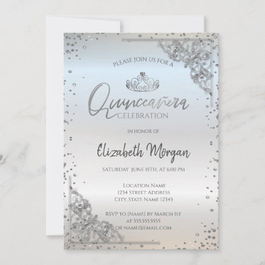 おしゃれなシルバーのティアラとダイヤモンドのキンセアニエラ 招待状 (正面)