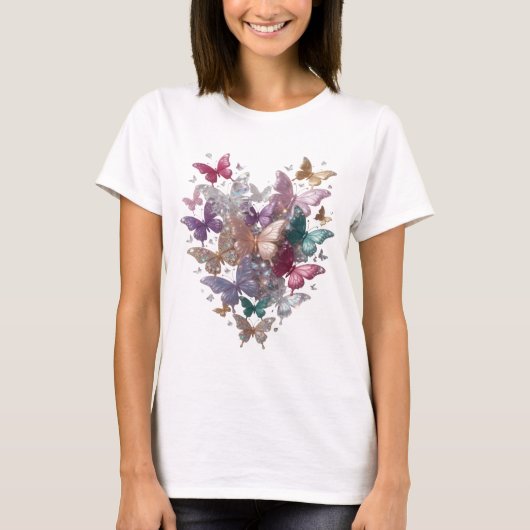 おしゃれなシルバーのBUTTERFLIES HEART Tシャツデザイン Tシャツ (正面)