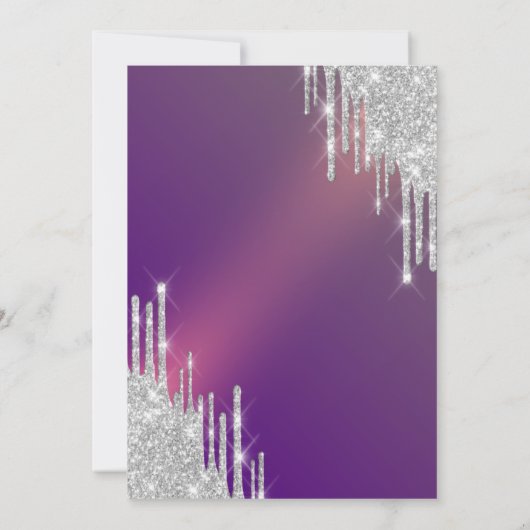 おしゃれなシルバーグリッターが紫の背景に滴る 90歳の誕生日 招待状 (裏面)