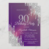 おしゃれなシルバーグリッターが紫の背景に滴る 90歳の誕生日 招待状 (正面/裏面)