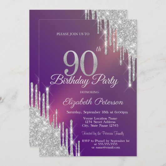 おしゃれなシルバーグリッターが紫の背景に滴る 90歳の誕生日 招待状 (正面/裏面)