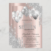 おしゃれなシルバーグリッター垂れの風船 スイート16 招待状 (正面/裏面)