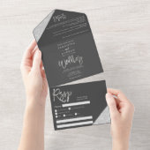 おしゃれなシルバーグリッター タイポグラフィー グレー ウェディング オールインワン招待状 (貼ってはがせる)