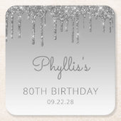 おしゃれなシルバーグリッター ドリップ 80歳の誕生日パーティー スクエアペーパーコースター (正面)