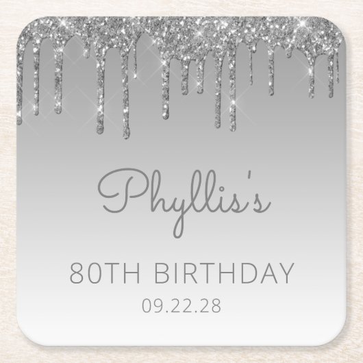 おしゃれなシルバーグリッター ドリップ 80歳の誕生日パーティー スクエアペーパーコースター (正面)