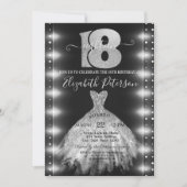 おしゃれなシルバードレス 輝くコンフェッティ 18歳の誕生日 招待状 (正面)