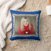おしゃれなシルバーフレーム & 青いオリジナル あなたの写真クッション クッション (ブランケット)