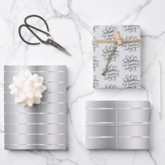 おしゃれなシルバーリボンとボウのブライダルシャワー ラッピングペーパーシート (正面)