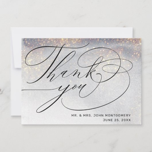 おしゃれなシルバー ゴールドの輝き 水彩 結婚式のお礼 サンキューカード (正面)