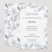 おしゃれなシルバー ホワイト フラワー バースデー 招待状 (正面/裏面)
