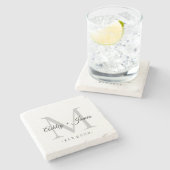 おしゃれなシルバー モノグラム スクリプト ネーム ウェディング デート ストーンコースター (横)