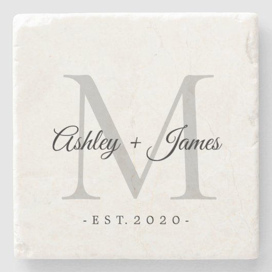 おしゃれなシルバー モノグラム スクリプト ネーム ウェディング デート ストーンコースター (正面)