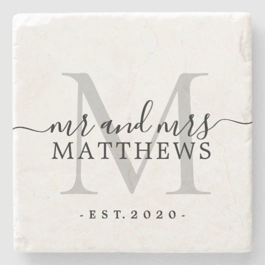 おしゃれなシルバー モノグラム スクリプト 名前 結婚日 ストーンコースター (正面)
